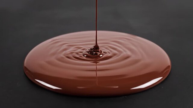 Macro shot of rich melted chocolate pouring and swirling on a dark minimalist background, smooth viscous liquid food texture.