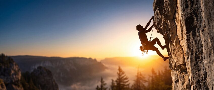 Silhouette of a rock climber ascending a cliff face at sunset with a breathtaking mountain landscape background