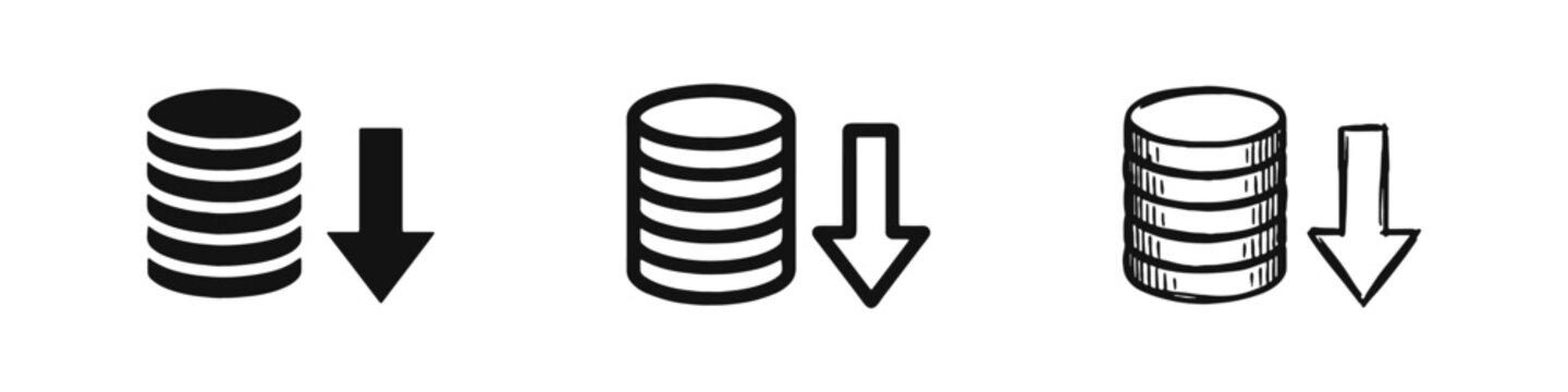 Coin Stack with Downward Arrow Icons Set Price Drop Symbols