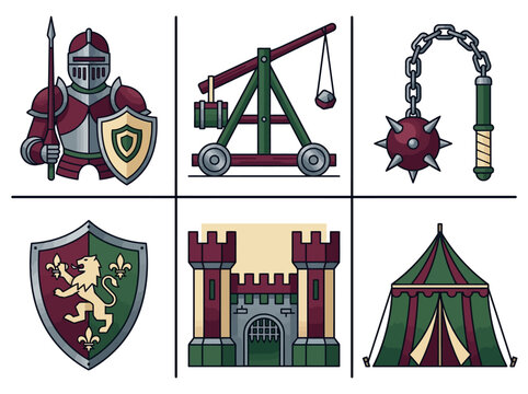 Medieval Knight and Warfare Icon Set with Castle, Catapult, Heraldic Shield, Flail Weapon, and Pavilion Tent Vector Illustration