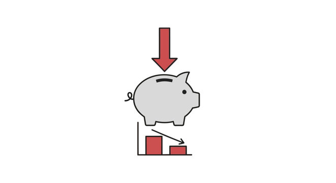 Piggy bank with downward arrow and declining chart flat vector illustration