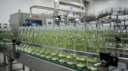 Naklejka premium Conveyor belt in a factory with rows of clear glass bottles filled with a green liquid, part of a beverage production line.