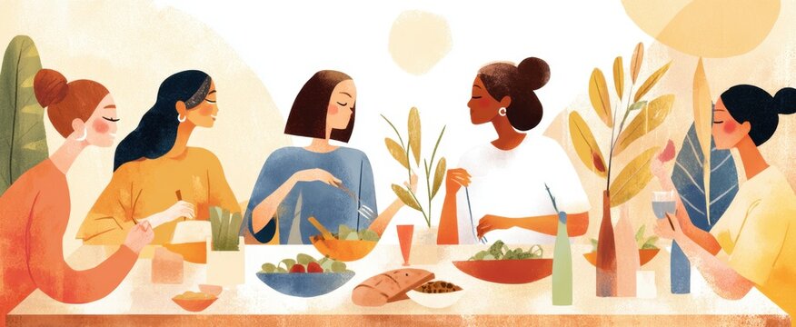 Women friends sharing dinner and healthy food in warm pastel artwork for design, card, background