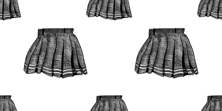seamless pattern of a black line illustration of a pleated skirt with a mesh-like texture, isolated on a clean light background.