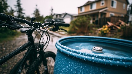 Macro closeup of raindrops intricately clinging to bicycle handlebars near a vibrant blue water barrel softly blurred suburban homes and greenery in rainy moody ambiance.