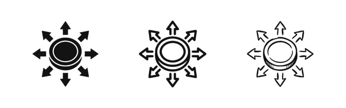 Expansion and Distribution Icon Set, Circle with Outgoing Arrows in Solid, Outline, and Hand-Drawn Styles