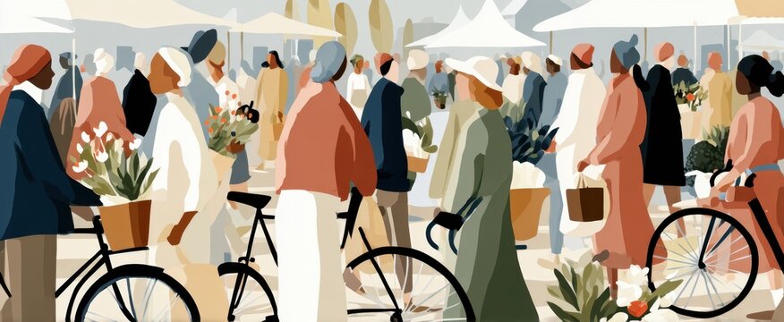 Busy outdoor farmers market crowd scene with bicycles and fresh flowers for design, poster, banner and background use