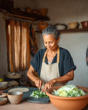Rustic home cooking woman chopping herbs and making tortillas in farmhouse kitchen for design, card, poster, background