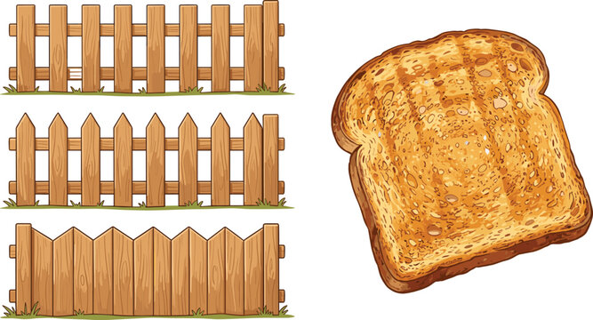 Wooden Picket Fence Sections with Grass and Single Slice of Toasted Bread, Vector Illustrations for Garden Landscaping, Backyard Security, Breakfast Menus, and Bakery Branding