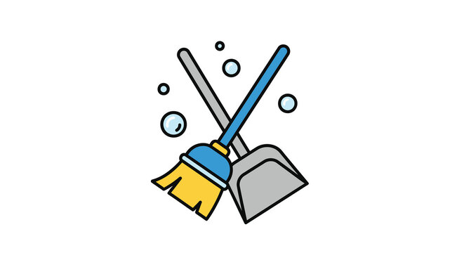 Broom and dustpan icon with bubbles flat vector illustration on white background