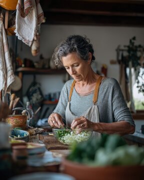 Rustic home cooking woman preparing salad in farmhouse kitchen for design, card, poster, background