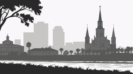 Fototapeta premium New orleans city skyline silhouette with historic cathedral and river