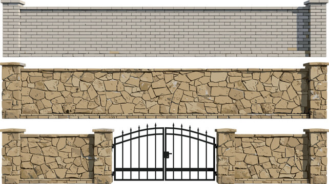 Collection of Realistic Vector Stone and Brick Privacy Fences with Wrought Iron Entrance Gate for Residential Architecture, Landscaping, and Property Security Design Projects