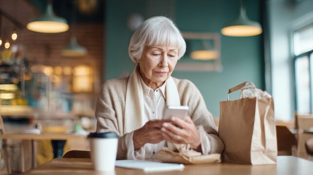 Senior woman using smartphone in cafe with shopping bags and takeaway coffee for communication and lifestyle background design