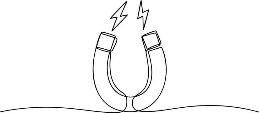 continuous one line drawing of a horseshoe magnet with magnetic force icon, magnetic field symbol.