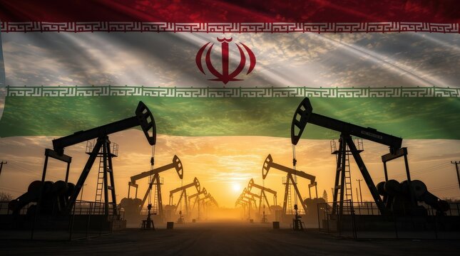Oil pumpjacks operate at sunset with the Iranian flag superimposed above, symbolizing Iran's oil industry.