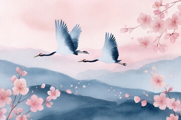 Obraz premium Elegant watercolor illustration of cranes soaring over misty mountains surrounded by cherry blossom branches. postcards, invitations, themes of freedom, serenity, and traditional Asian aesthetics