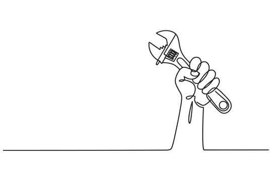 Single continuous line illustration of hand holding adjustable wrench with adjustable construction maintenance minimalist illustration continuous engineering plumbing mechanic technical