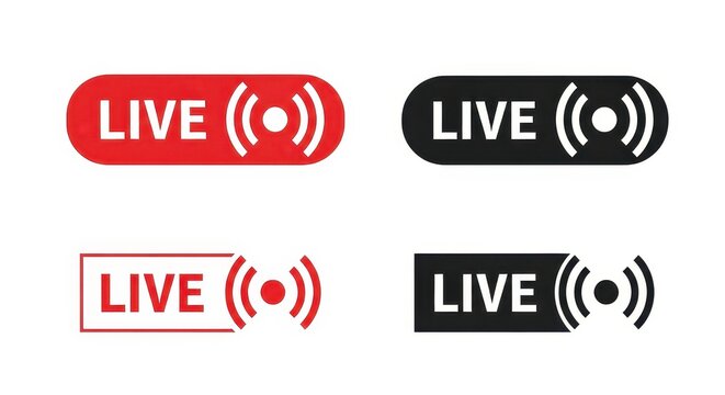 Set of Live Streaming Icons and Broadcast Buttons in Red and Black for Social Media and Video Production