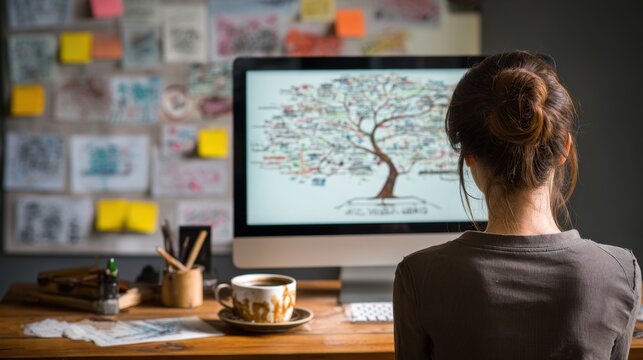 Woman at computer viewing a mind map on a monitor with sticky notes on a board for brainstorming and project planning background and design