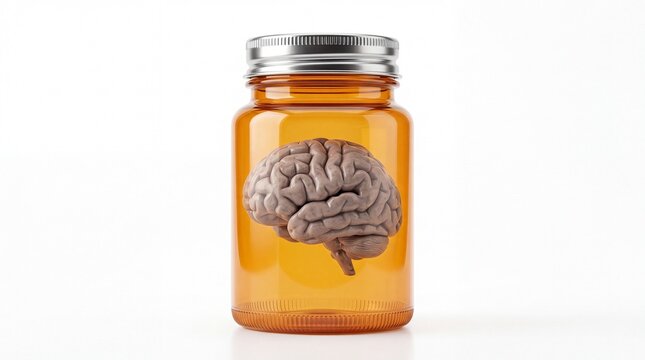 Human brain preserved inside a transparent amber glass jar with a metallic lid on white background
