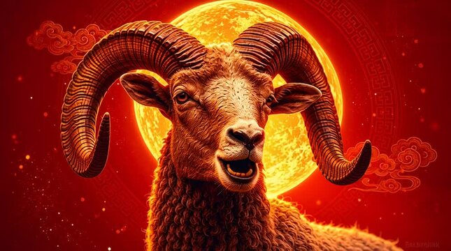 Golden ram with curved horns against glowing red moon and clouds for chinese new year 2027 celebration