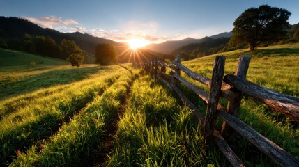 Fototapeta premium A breathtaking sunrise illuminating green meadows with a rustic wooden fence, capturing the essence of nature's beauty, serenity, and the promise of new beginnings.