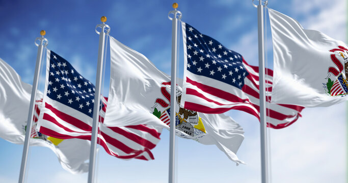 Illinois state flags waving with the national flag of the American flags on a clear day. US state flag. Pride and patriotism concept. 3D illustration render. Fluttering fabric.