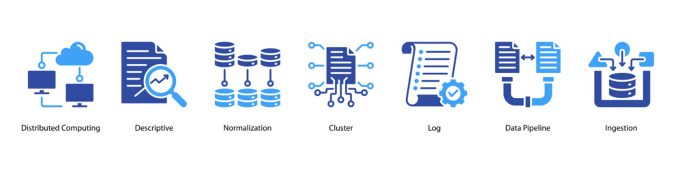 Data Processing web banner icon vector illustration featuring Distributed Computing, Descriptive, Normalization, Cluster, Log, Data Pipeline, and Ingestion.