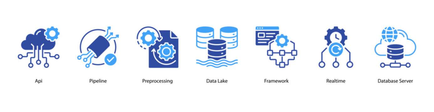Data Infrastructure web banner icon vector illustration featuring API, Pipeline, Preprocessing, Data Lake, Framework, Realtime, and Database Server.