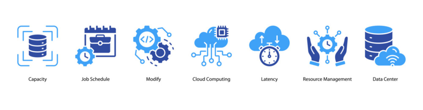 Cloud Resources web banner icon vector illustration featuring Capacity, Job Schedule, Modify, Cloud Computing, Latency, Resource Management, and Data Center.