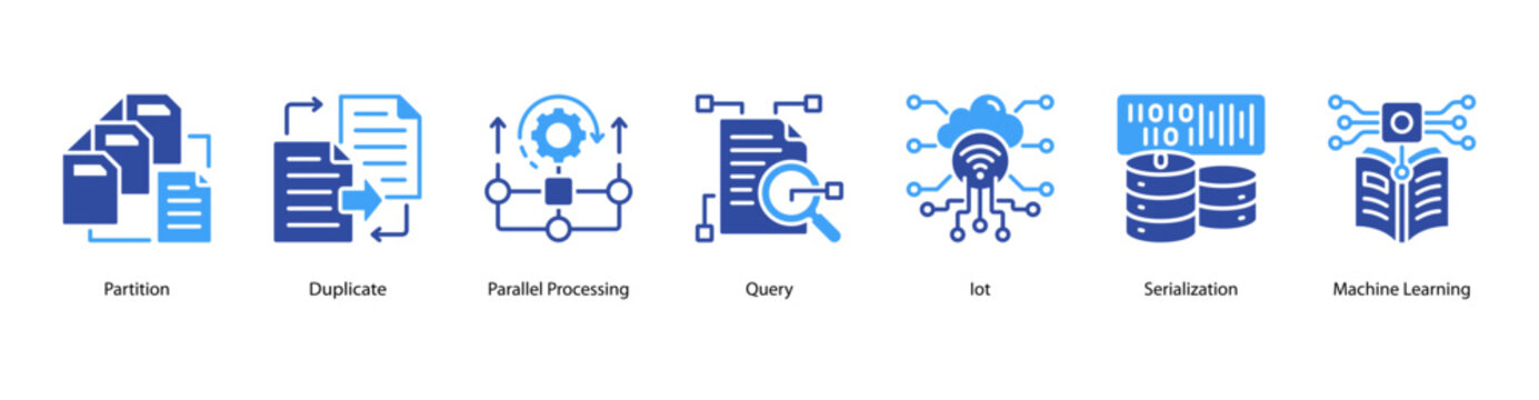 Intelligent Data web banner icon vector illustration featuring Partition, Duplicate, Parallel Processing, Query, IoT, Serialization, and Machine Learning.