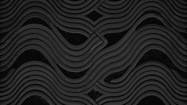 Wavy lines and diamond shapes form an abstract monochromatic pattern with a dark gray background wave sinusoidal curves undulating geometric design