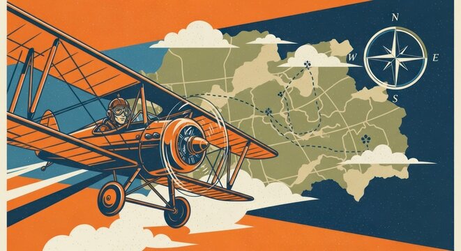 Vintage Biplane Flying Over Map with Compass.