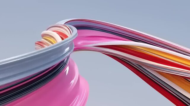 Intricate flow of luminous, multilayered ribbons unfolds with vibrant shades and sinuous forms, captivating the gaze and sparking imagination