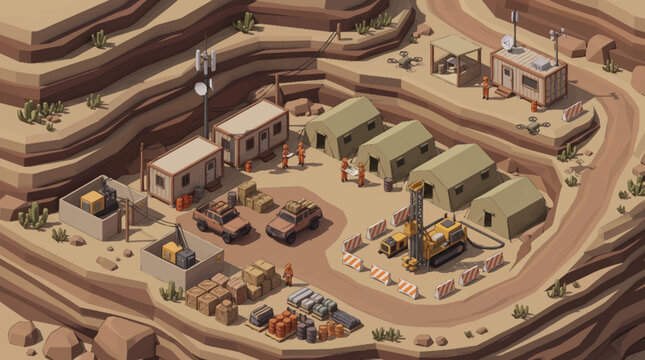Desert Military Base Camp with Tents and Vehicles Aerial View.