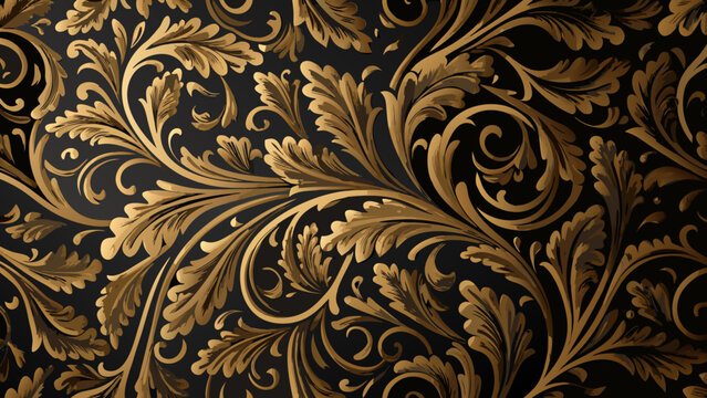 Golden floral ornament a seamless repeating vector pattern on a dark background with swirling acanthus leaves scrollwork damask brocade arabesque foliage