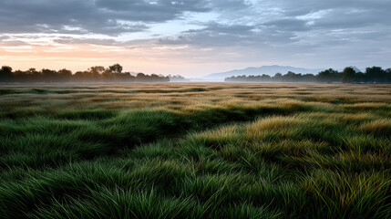 Naklejka premium Wide open meadow early morning green grass mist sunrise landscape nature tranquil field sky. Peaceful scene with lush grass and distant trees