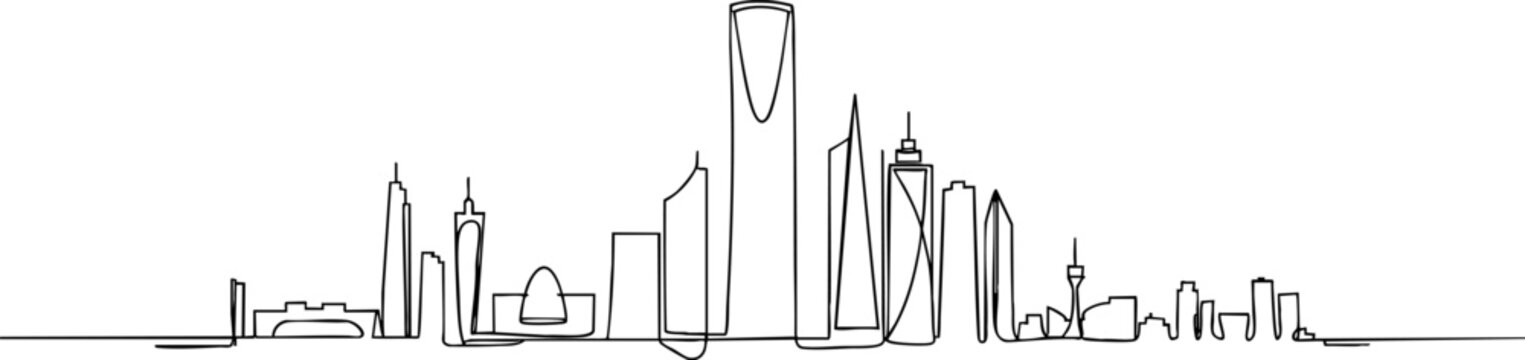 Continuous one line drawing of Riyadh city skyline featuring Kingdom Centre and modern skyscrapers.