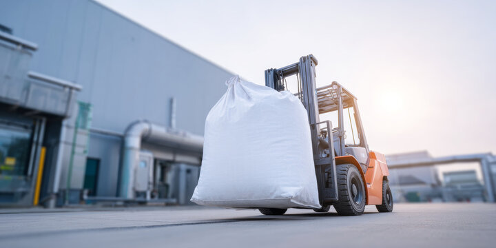 Forklift carrying large white bulk bag outdoors