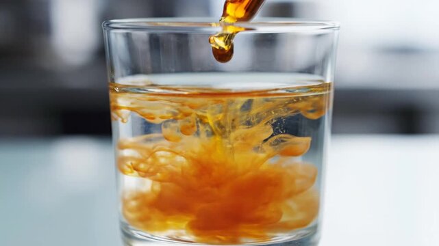 A drop of golden yellow argan oil slowly falls from a clear glass pipette and is dripped into a clear glass containing clear water.