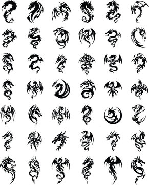 Dragon Tribal Tattoo Vector Silhouette Mega Collection, Mythical Dragon Tattoo Designs and Gothic Vector Clip Art.