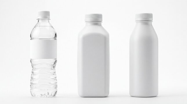 Three different empty plastic beverage bottles arranged in a row presented clearly on white background