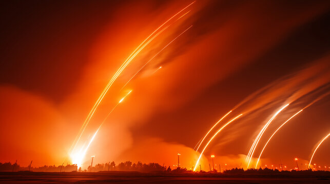 Dramatic missile defense launch with fiery trails in smoky orange sky, modern military technology, national security, tactical operation, defense readiness and crisis warning backg