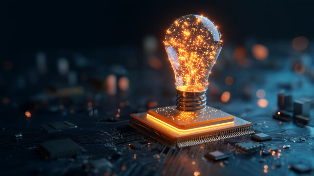 Creative glowing light bulb rising from processor chip, AI innovation symbol, smart idea technology, digital intelligence, semiconductor computing and futuristic data concept backg