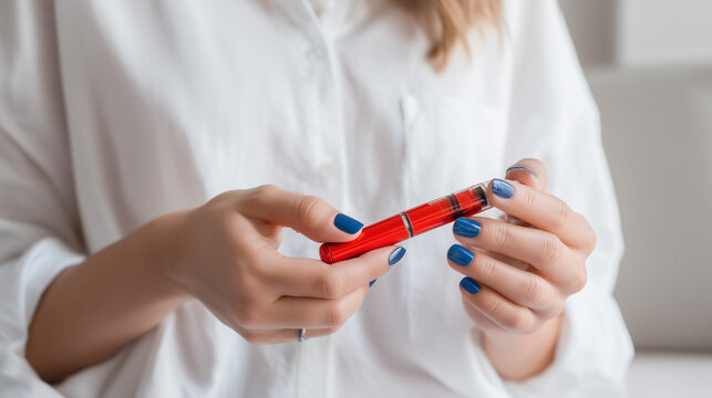 Close-up of patient holding injectable medicine pen at home, modern healthcare device, diabetes care routine, pharmaceutical treatment, self care therapy and calm medical lifestyle