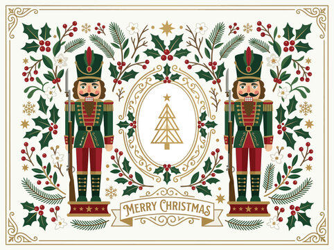 Traditional Christmas Nutcracker Illustration with Holly and Pine Branches, Folk Art Holiday Greeting Card Design