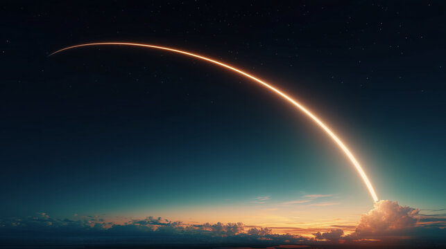 Glowing rocket trajectory over night horizon, aerospace launch path, space exploration, orbital mission, future technology, astronomy background, scientific discovery and innovatio