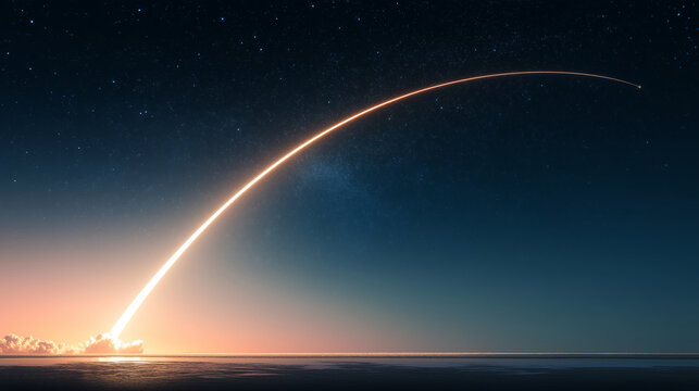Rocket launch arc across starry twilight sky, glowing trajectory trail, space mission concept, aerospace technology, orbital flight, scientific exploration, future innovation and c