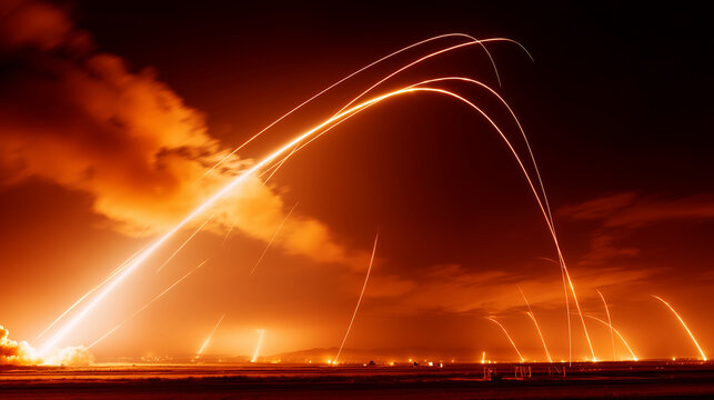 Dramatic missile defense launch with glowing exhaust trails in orange night sky, strategic security operation, modern military technology, crisis warning, air defense and tactical